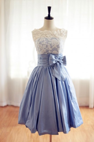 Princessly.com-K1001956-Lace Blue Taffeta Wedding Dress/Bridesmaid Dress in Knee Short Length-20