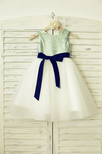 Princessly.com-K1000134-Mint Sequin Ivory Tulle Flower Girl Dress with navy blue sash-20