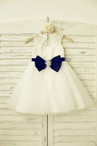 Princessly.com-K1000184-Ivory Lace Tulle Flower Girl Dress with keyhole back/Navy Blue Belt-20