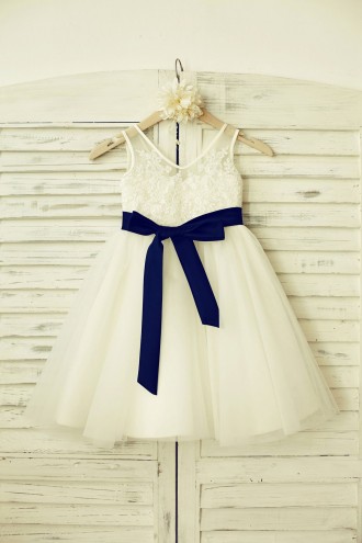 Princessly.com-K1000181-V Neck Ivory Lace Tulle Flower Girl Dress with navy blue sash-20