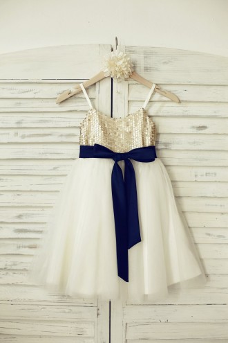 Princessly.com-K1000209-Thin Straps Champagne Sequin Tulle Flower Girl Dress with navy blue belt-20