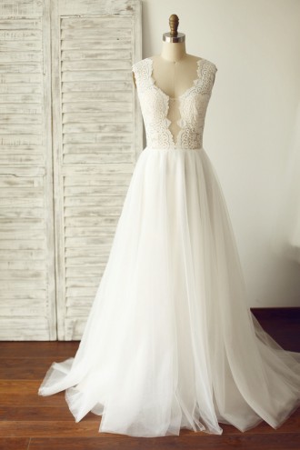 Princessly.com-K1000100-Sheer Illusion Lace Plunging Neck Tulle Wedding Dress-20