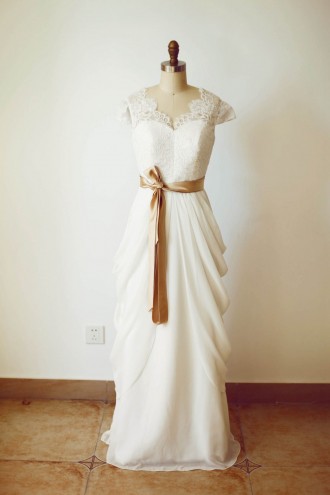 Princessly.com-K1000252-Ivory Lace Chiffon Cap Sleeves V Back Wedding Dress with champagne sash-20