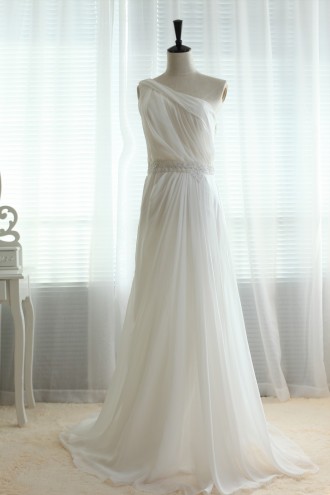 Princessly.com-K1000018-One shoulder Chiffon Sheer Tulle Back with lace Beading Wedding dress/Bridesmaid dress/Prom Dress-20