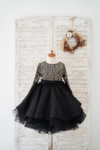 Princessly.com-K1004185-Long Sleeves Gold Sequin Black Satin V Back Wedding Flower Girl Dress Kids Party Dress-20