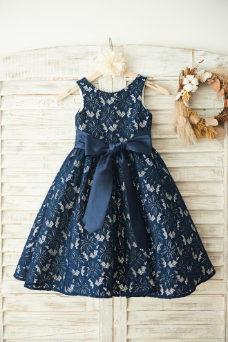 Princessly.com-K1003380-Navy Blue Lace Wedding Flower Girl Dress with Belt-20