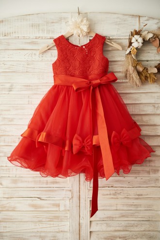 Princessly.com-K1003368 Red Lace Organza Wedding Flower Girl Dress with Belt-20