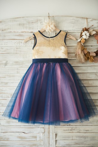 Princessly.com-K1003502-Gold Lace Navy Blue Tulle Wedding Flower Girl Dress with Bow-20