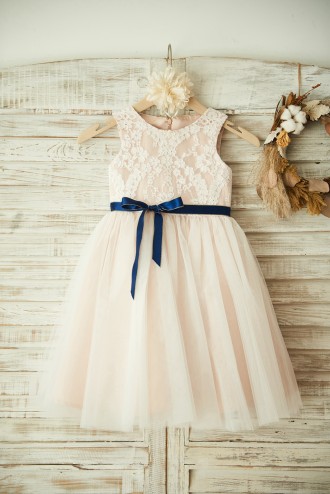 Princessly.com-K1003354-Ivory Lace Tulle Pink Lining Wedding Flower Girl Dress with Navy Blue Sash-20