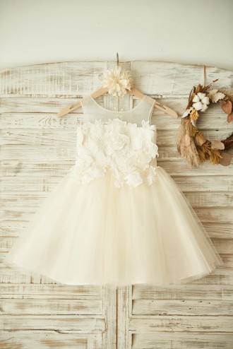 Princessly.com-K1003356 Sheer Neck Ivory Lace Champagne Tulle Wedding Flower Girl Dress-20