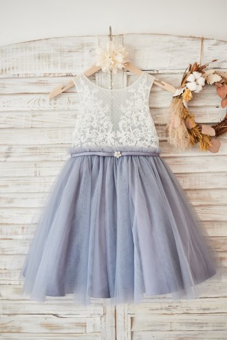 Princessly.com-K1003580-Ivory Lace Gray Tulle Sheer Back Wedding Flower Girl Dress with Belt-20
