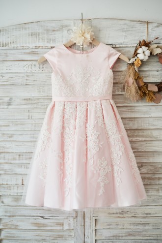 Princessly.com-K1003588-Pink Satin Ivory Tulle Lace Cap Sleeves Wedding Flower Girl Dress with Belt-20