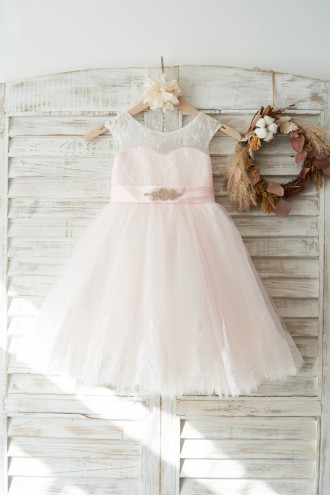 Princessly.com-K1003725 Ivory Lace Pink Tulle Slit Back Wedding Flower Girl Dress with Beaded Belt-20