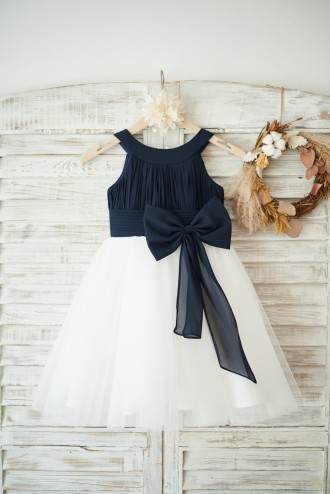 Princessly.com-K1003550-Navy Blue Chiffon Ivory Tulle Halter Neck Wedding Flower Girl Dress with Bow-20