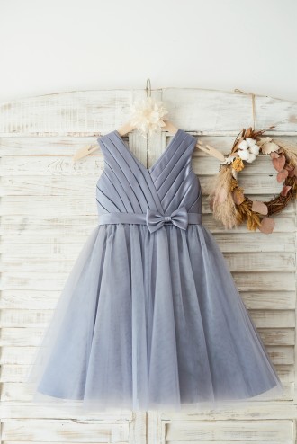 Princessly.com-K1003647-Gray Satin Tulle V Neckline Wedding Flower Girl Dress with Belt-20