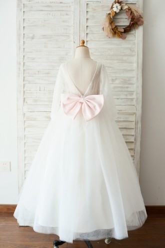 Princessly.com-K1003652-Ivory Lace Tulle Long Sleeves V Back Wedding TUTU Flower Girl Dress with Pink Bow-20