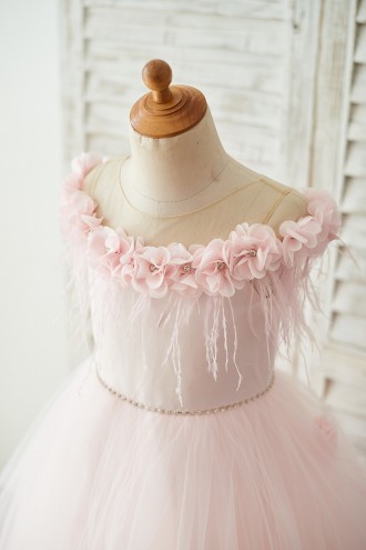 Princessly.com-K1003681-Off Shoulder Pink Tulle Feathers Wedding Party Flower Girl Dress-20