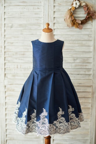 Princessly.com-K1003677-Navy Blue Taffeta Silver Lace Wedding Flower Girl Dress-20