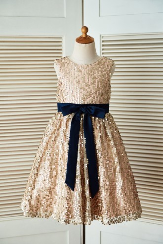 Princessly.com-K1003304-Champagne Gold Sequin Wedding Flower Girl Dress with Navy Blue Belt-20