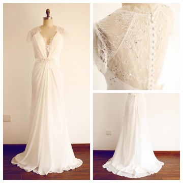 Princessly.com-K1003265-A Line V neck Cap Sleeves Beaded Lace Chiffon Wedding Dress-20