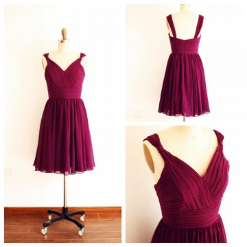 Princessly.com-K1003261-A Line V Neck Plum Purple Short Knee length Chiffon Bridesmaid Dress-20