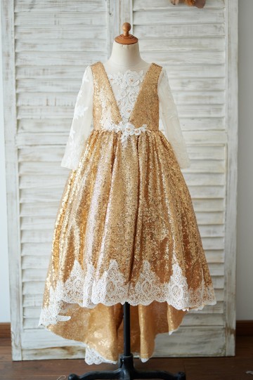 Princessly.com-K1003908-Hi Low Gold Sequin Ivory Lace Tulle Long Sleeves V Neck Wedding Flower Girl Dress-20