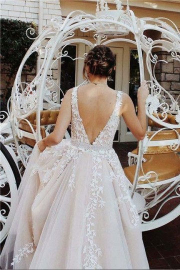 Princessly.com-K1004085-Champagne Lace Tulle Deep V Neck Back Wedding Party Dress-20