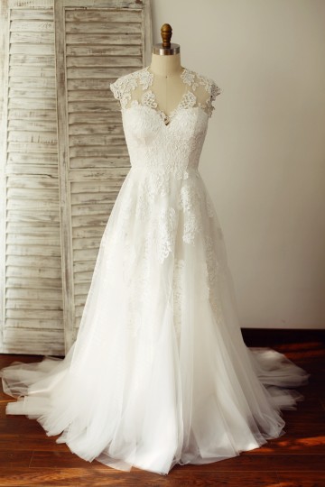 Princessly.com-K1003328-V Neck Ivory Lace Tulle Wedding Dress-20