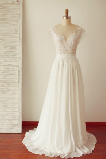 Princessly.com-K1003278-A Line Cap Sleeves Sheer Illusion V Back Lace Chiffon Wedding Dress-20