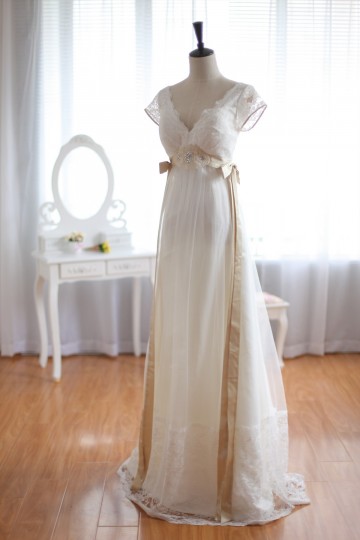 Princessly.com-K1001931-Vintage Inspired Lace Tulle Wedding Dress Deep V Back with Cap Sleeves Maternity Dress-20