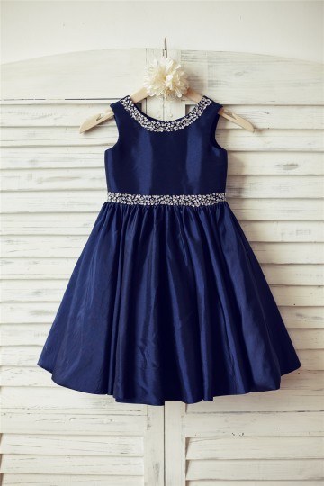 Princessly.com-K1000077-Beaded Navy Blue Taffeta Flower Girl Dress-20
