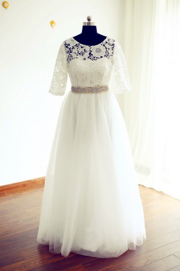Princessly.com-K1000224-Long Elbow Sleeves Ivory Lace Tulle Wedding Dress with beaded sash-20