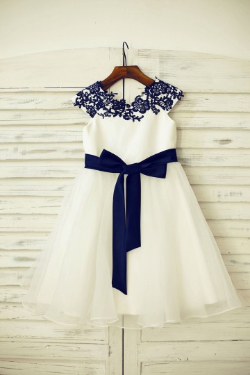 Princessly.com-K1000202-Navy Blue Lace Ivory Satin Organza Flower Girl Dress with navy sash-20