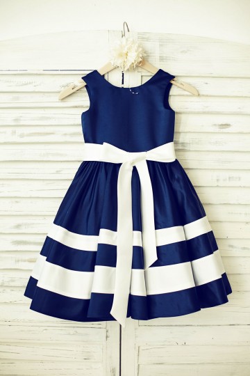 Princessly.com-K1000195-Navy Blue Satin Ivory Striped Flower Girl Dress-20