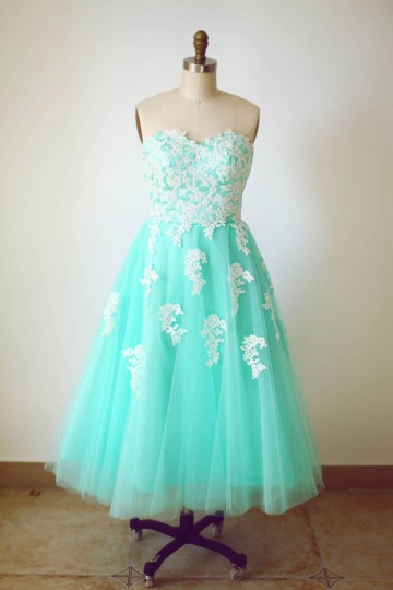 Princessly.com-K1000232-Strapless Sweetheart Mint Blue Tulle Lace Tea Length Short Wedding Dress-20