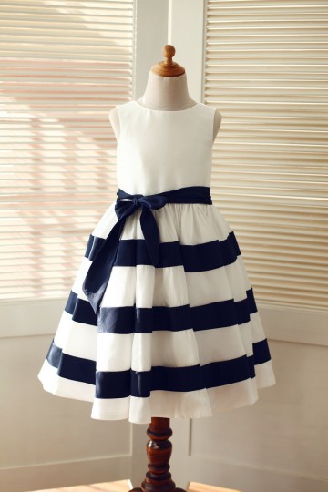 Princessly.com-K1003311-Ivory/Navy Blue Taffeta Striped Wedding Flower Girl Dress-20