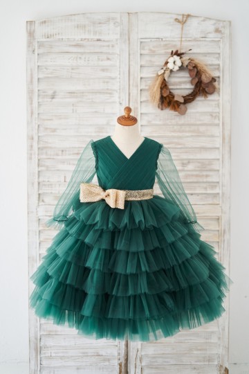 Princessly.com-K1004186-Long Sleeves Green Tulle Cupcake Wedding Flower Girl Dress Kids Party Dress-20