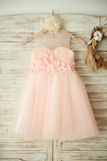 Princessly.com-K1003355-Sheer Neck Pink Tulle Wedding Flower Girl Dress with Beading and 3D Flower-20