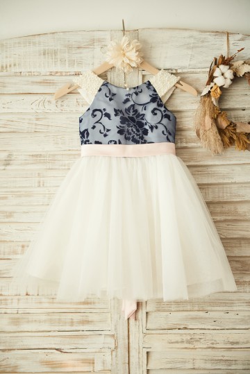 Princessly.com-K1003365-V Back Navy Blue Lace Ivory Tulle Wedding Flower Girl Dress with Pearl/Blush Pink Bow Belt-20