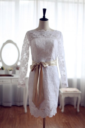 Modest Mini High Neck Natural Waist Tiered Wedding Dress