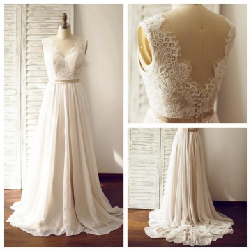 Princessly.com-K1003264-A Line Ivory Lace Chiffon V Neck Wedding Dress with Chapel train/Champagne Lining-20