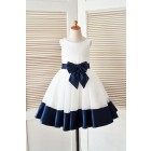 Princessly.com-K1003398-Ivory Satin Tulle Flower Girl Dress with Navy Blue Belt\Bow-01