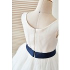 Princessly.com-K1003398-Ivory Satin Tulle Flower Girl Dress with Navy Blue Belt\Bow-01