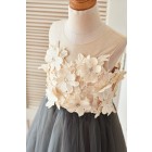 Princessly.com-K1003400 Sheer Illusion Neck Gray Tulle Wedding Flower Girl Dress with Champagne 3D Flowers-01