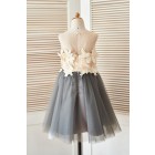 Princessly.com-K1003400 Sheer Illusion Neck Gray Tulle Wedding Flower Girl Dress with Champagne 3D Flowers-01
