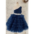 Princessly.com-K1004165-One Shoulder Navy Blue Cupcake Tulle Wedding Flower Girl Dress Kids Party Dress-09