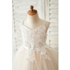 Princessly.com-K1004044-Spaghetti straps Ivory lace Peach Pink Tulle V Neck Wedding Flower Girl Dress-01