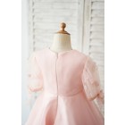 Princessly.com-K1004053-Pink Neoprene Short Sleeves Wedding Flower Girl Dress-01