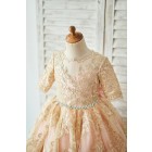 Princessly.com-K1004043-Gold Lace Pink Lining Short Sleeves V Back Wedding Flower Girl Dress-01