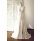 Princessly.com-K1003264-A Line Ivory Lace Chiffon V Neck Wedding Dress with Chapel train/Champagne Lining-01
